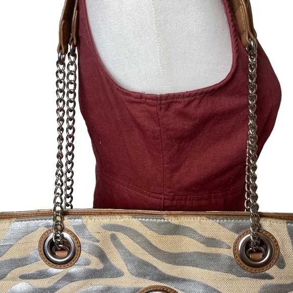 Kate Landry Silver Zebra Print Woven Tote with Chain and Leather Straps - Picture 5 of 14